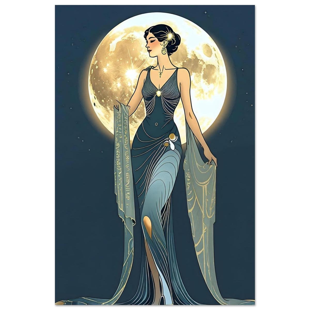 Art Deco Diva Moonlit Fine Art Poster - A Touch of Roaring Twenties Glamour for Your Walls 60x90 cm 24x36″