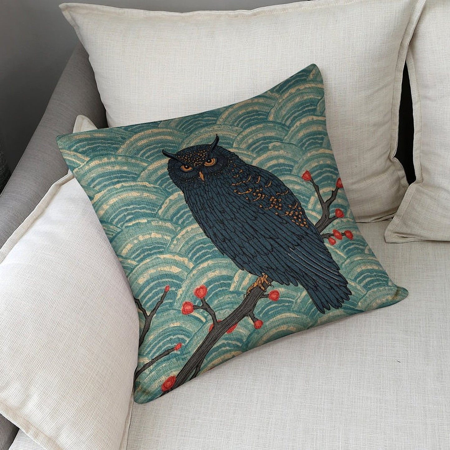 Nocturne Owl Linen Cushion Pillow Cover — Double-Sided Print, 45×45cm
