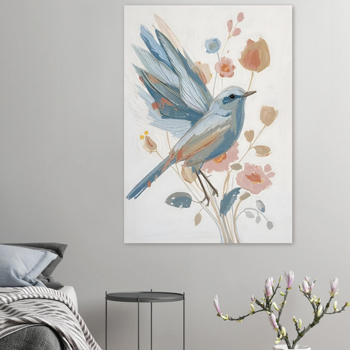 Abstract Impressionist Bird & Blossom Fine Art Poster - Soft Blue & Blush Hues