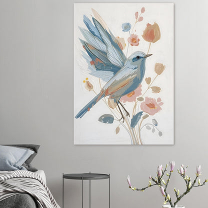 Abstract Impressionist Bird & Blossom Fine Art Poster - Soft Blue & Blush Hues
