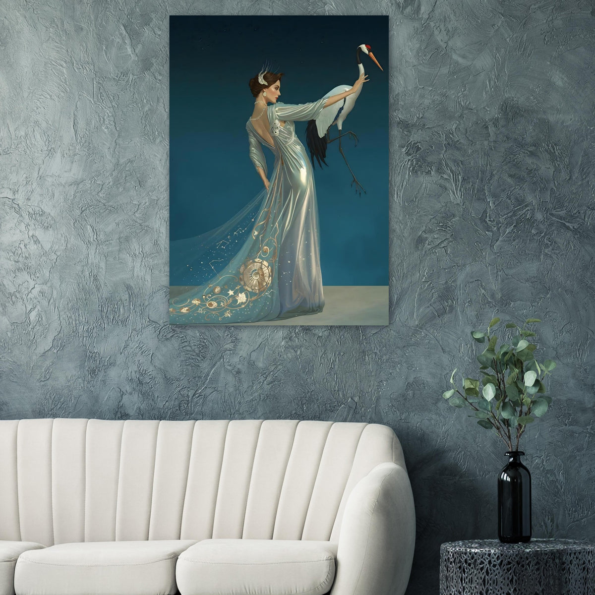 Celestial Elegance Crane & Stargazer Fine Art Poster – A Vision of Myth & Beauty