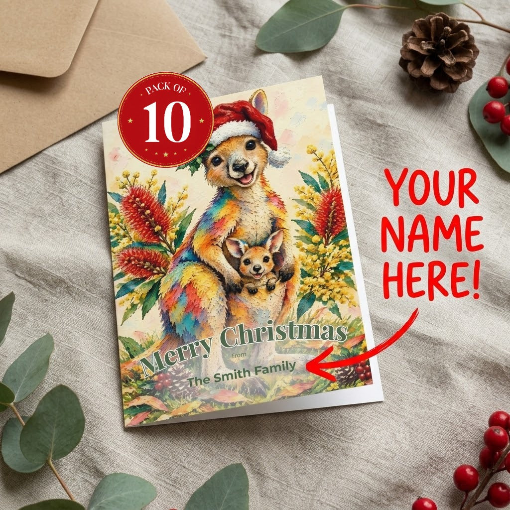 Personalised Kangaroo Christmas greeting cards, pack of 10 with envelopes