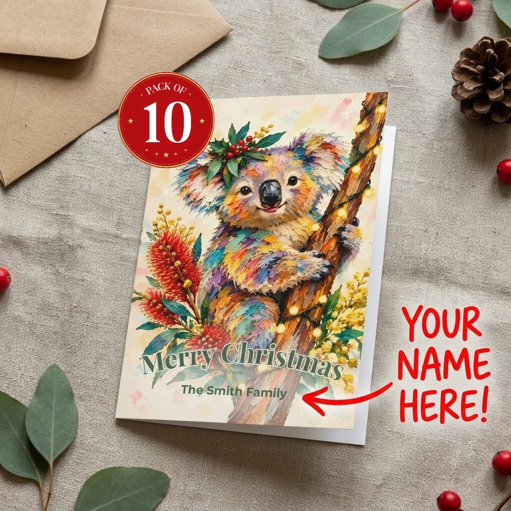 Personalised Koala Christmas greeting cards, pack of 10 with envelopes