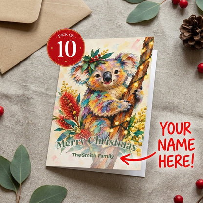Personalised Koala Christmas greeting cards, pack of 10 with envelopes