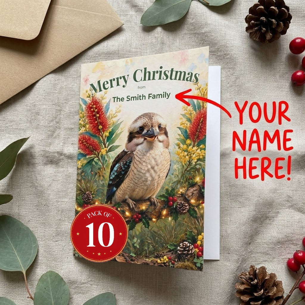 Personalised Kookaburra Christmas greeting cards, pack of 10 with envelopes