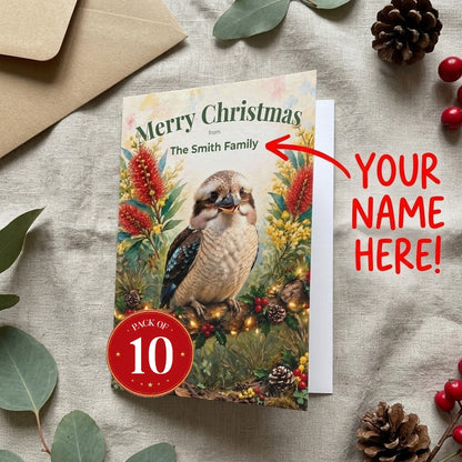 Personalised Kookaburra Christmas greeting cards, pack of 10 with envelopes