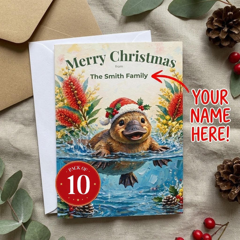 Personalised Platypus Christmas greeting cards, pack of 10 with envelopes