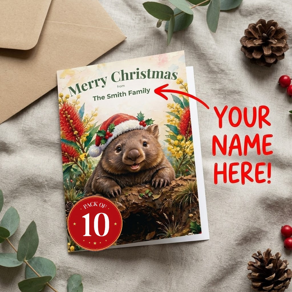 Personalised Wombat Christmas greeting cards, pack of 10 with envelopes