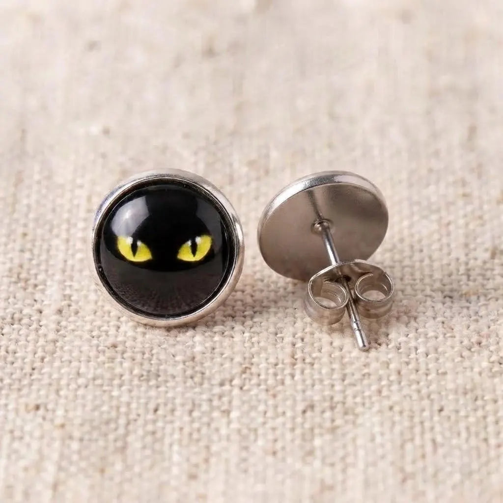 Black Cat Eye Stud Earrings | Halloween Glass Cabochon Studs | 12mm