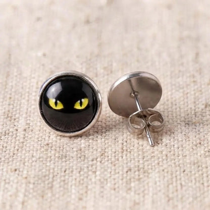 Black Cat Eye Stud Earrings | Halloween Glass Cabochon Studs | 12mm
