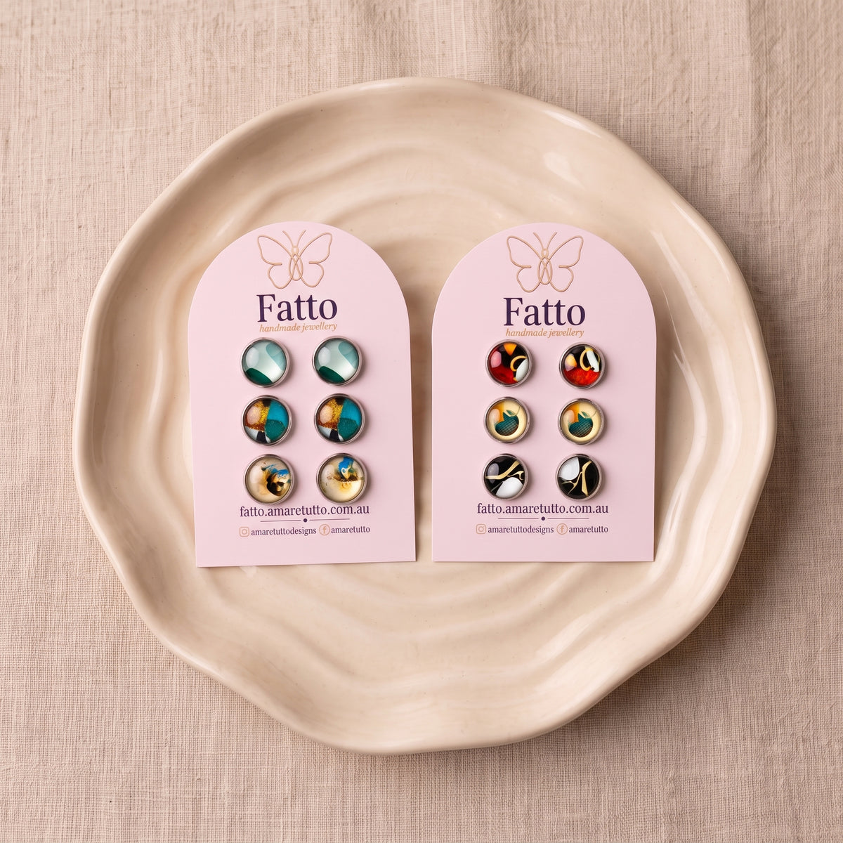 Geometric Print Stud Earrings | Colourful Glass Cabochon Studs | 12mm