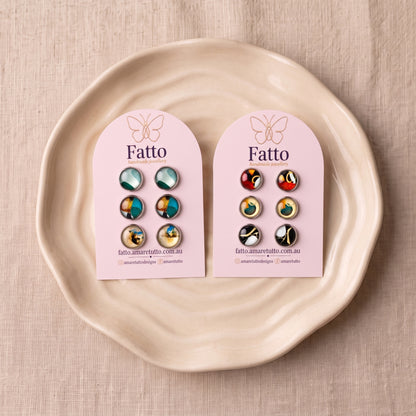 Geometric Print Stud Earrings | Colourful Glass Cabochon Studs | 12mm