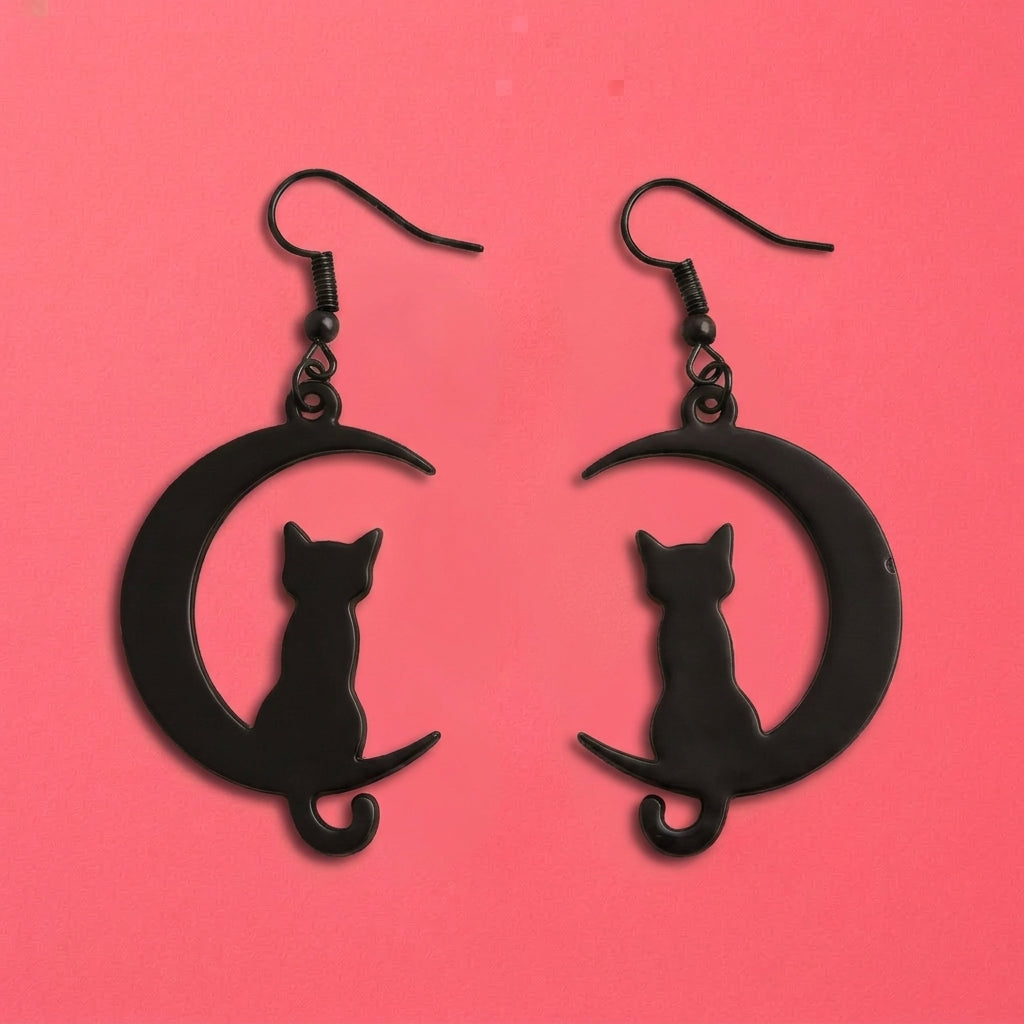 Cat on the Moon Dangle Earrings | Halloween Whimsical Drop Earrings