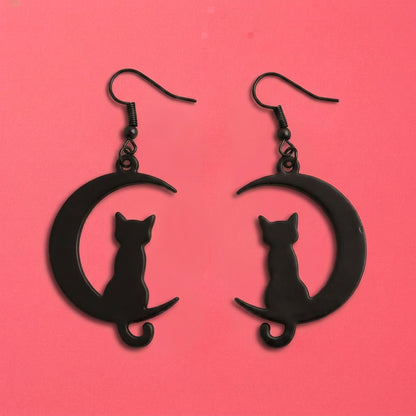 Cat on the Moon Dangle Earrings | Halloween Whimsical Drop Earrings