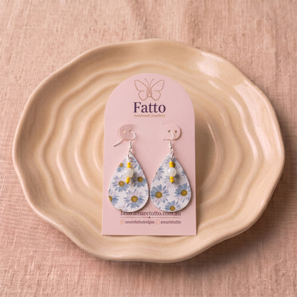 Sunflower Teardrop Earrings | Faux Leather Dangle Earrings | Silver