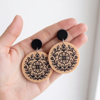 Round Floral Dangle Earrings | Lightweight Drop Earrings | 40x50mm Beige