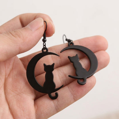 Cat on the Moon Dangle Earrings | Halloween Whimsical Drop Earrings