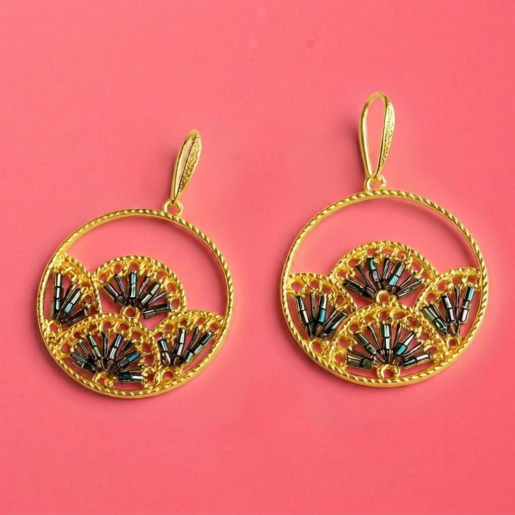Woven Fan Drop Earrings | Black Seed Bead Statement Earrings