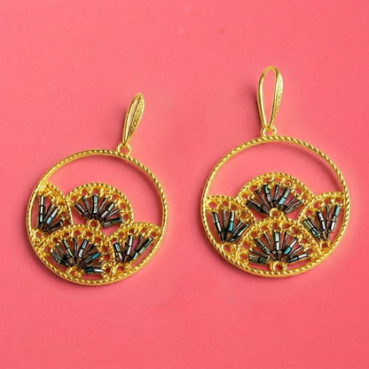 Woven Fan Drop Earrings | Black Seed Bead Statement Earrings