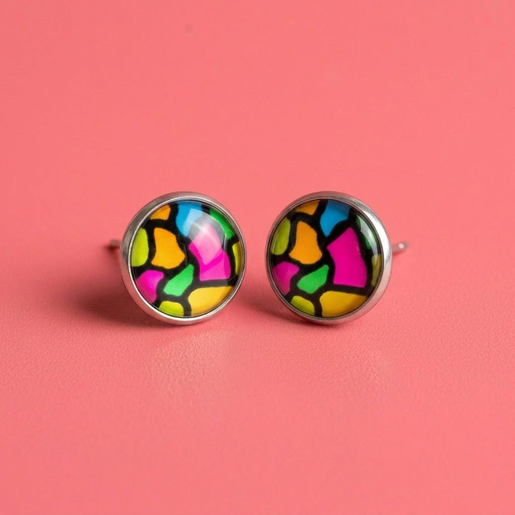 Rainbow Stained Glass Look Stud Earrings | Colourful Studs | 12mm