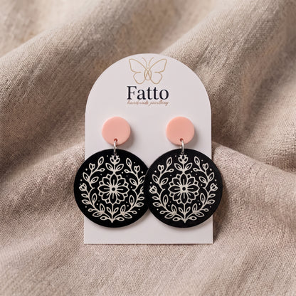Round Floral Dangle Earrings | Lightweight Drop Earrings | 40x50mm