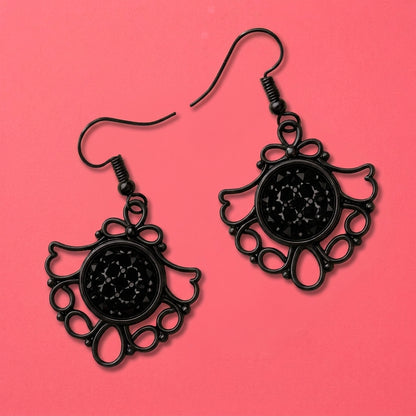 Gothic Glam Filigree Dangle Earrings | Black Enamel Sparkle Drops