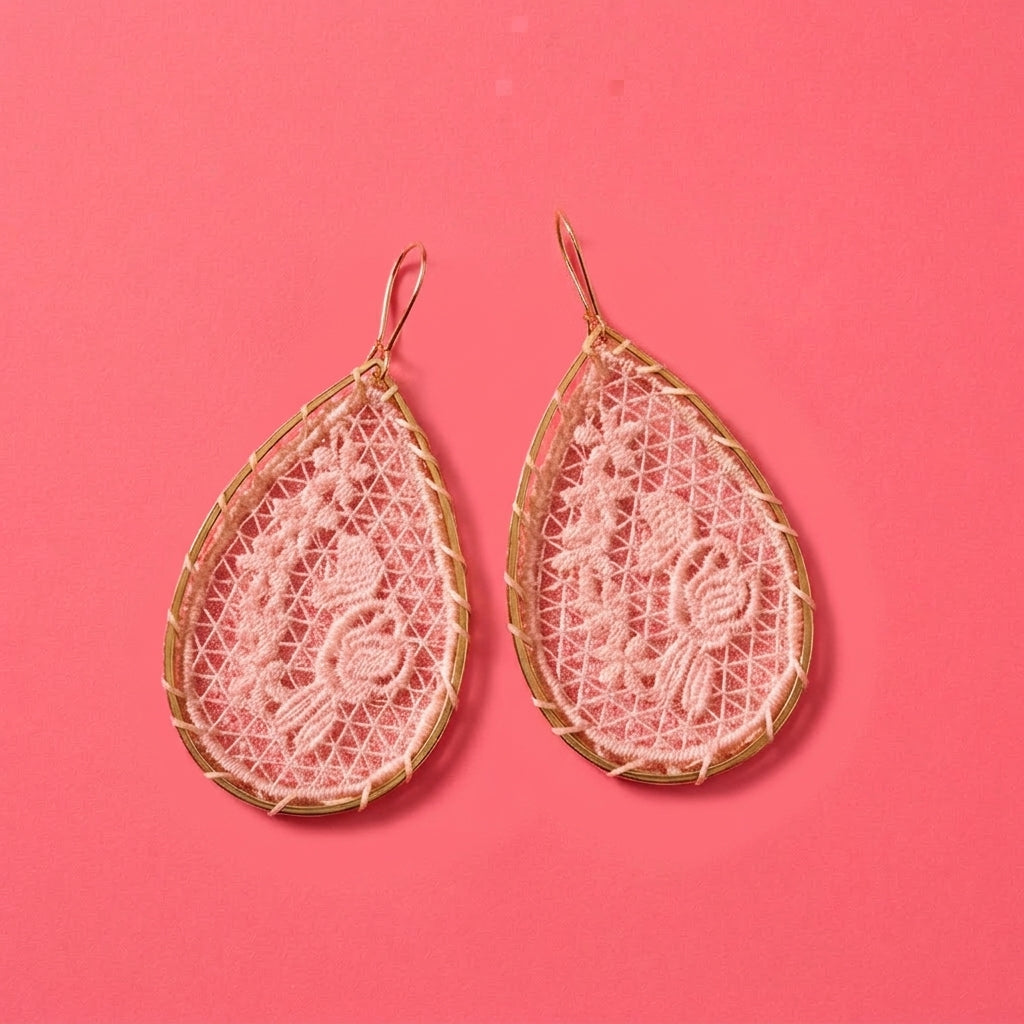 Pink Lace Flower Teardrop Earrings | Woven Gold Dangle Earrings