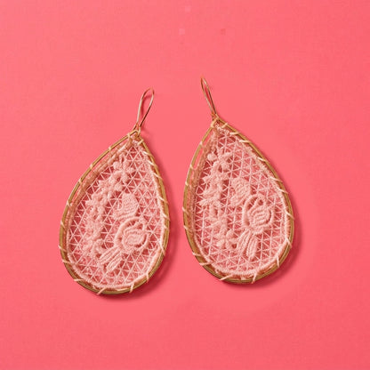 Pink Lace Flower Teardrop Earrings | Woven Gold Dangle Earrings