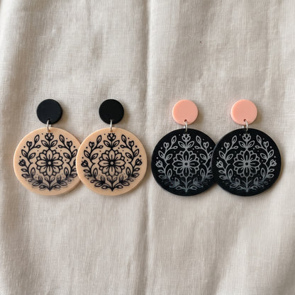 Round Floral Dangle Earrings | Lightweight Drop Earrings | 40x50mm