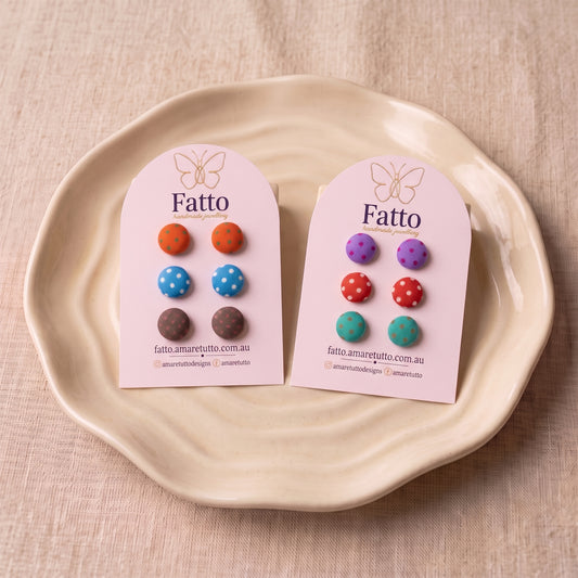 Polka Dot Fabric Button Stud Earrings | Playful Studs | 8 Colours