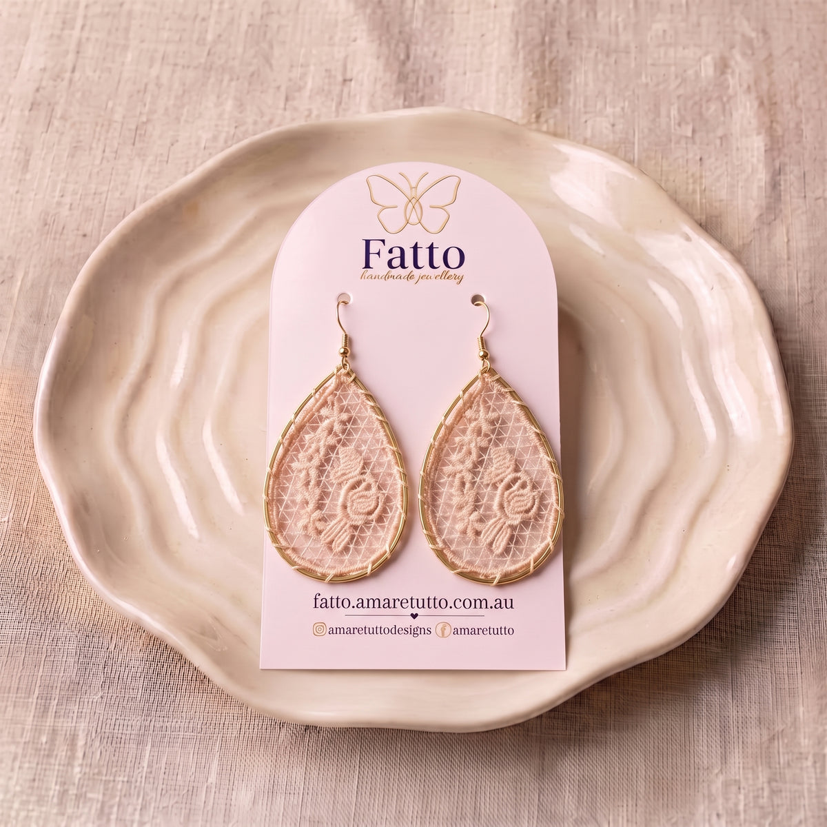 Pink Lace Flower Teardrop Earrings | Woven Gold Dangle Earrings