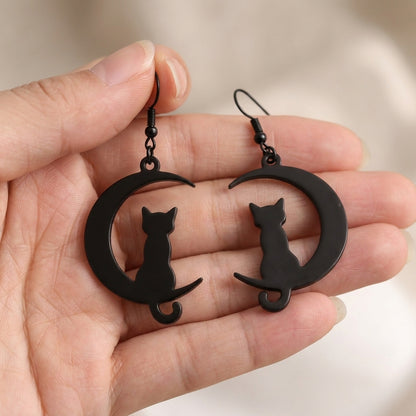 Cat on the Moon Dangle Earrings | Halloween Whimsical Drop Earrings