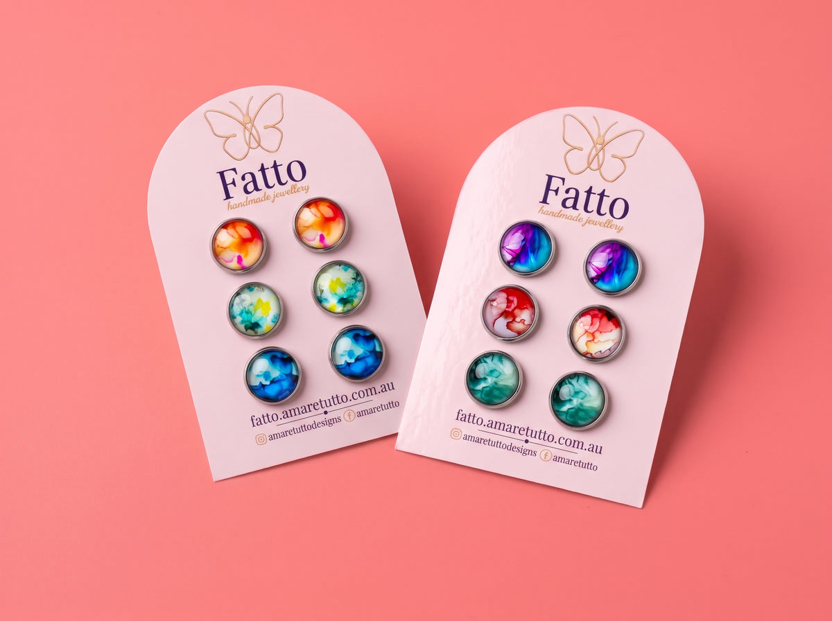 Watercolour Stud Earrings | Colourful Glass Dome Studs | 12mm