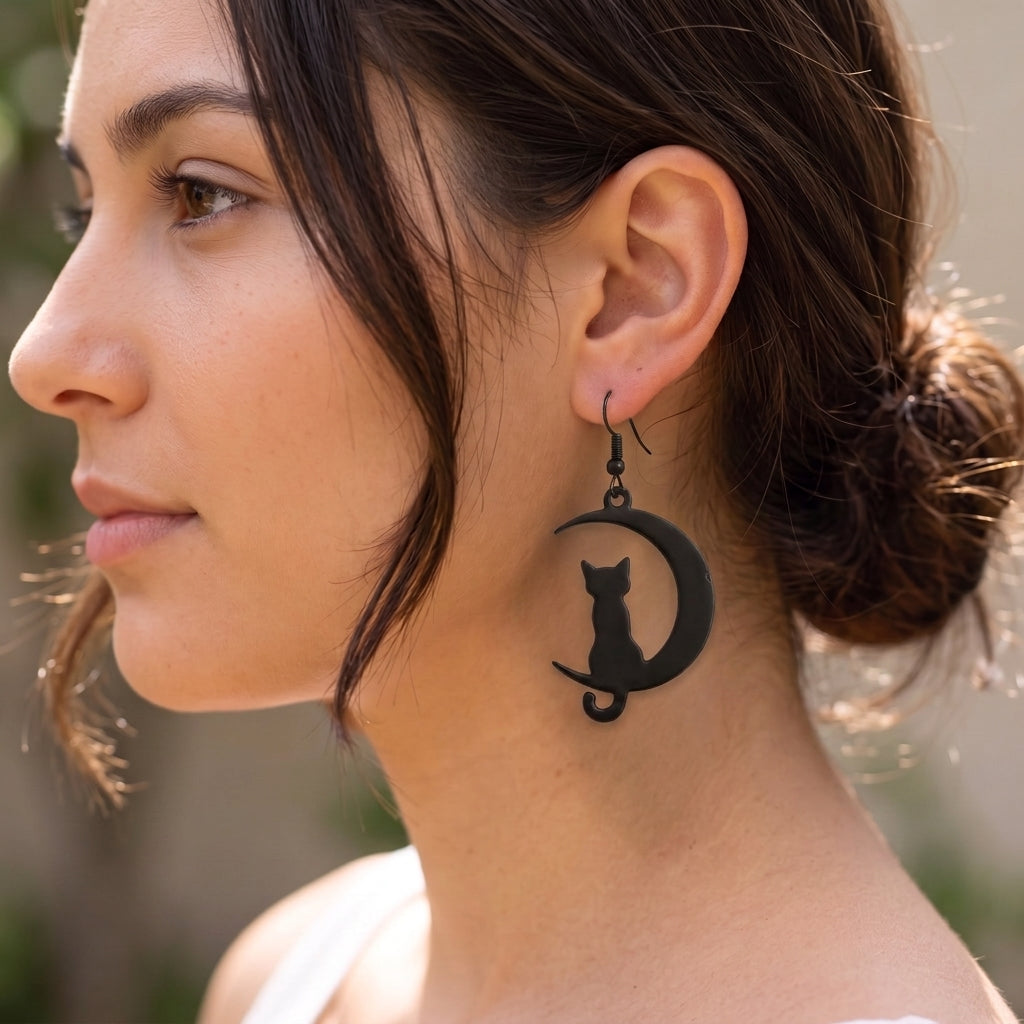 Cat on the Moon Dangle Earrings | Halloween Whimsical Drop Earrings
