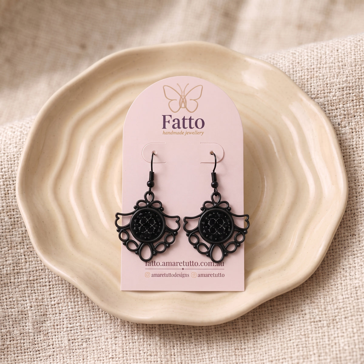 Gothic Glam Filigree Dangle Earrings | Black Enamel Sparkle Drops