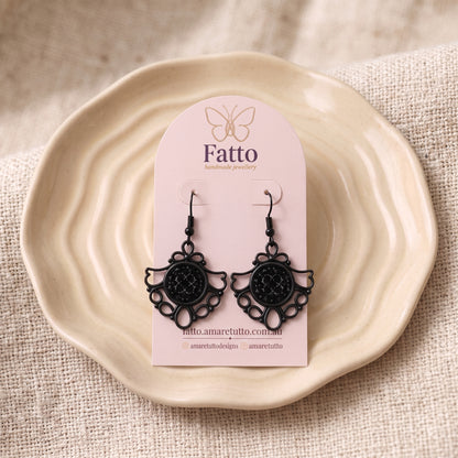Gothic Glam Filigree Dangle Earrings | Black Enamel Sparkle Drops