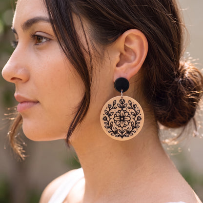 Round Floral Dangle Earrings | Lightweight Drop Earrings | 40x50mm