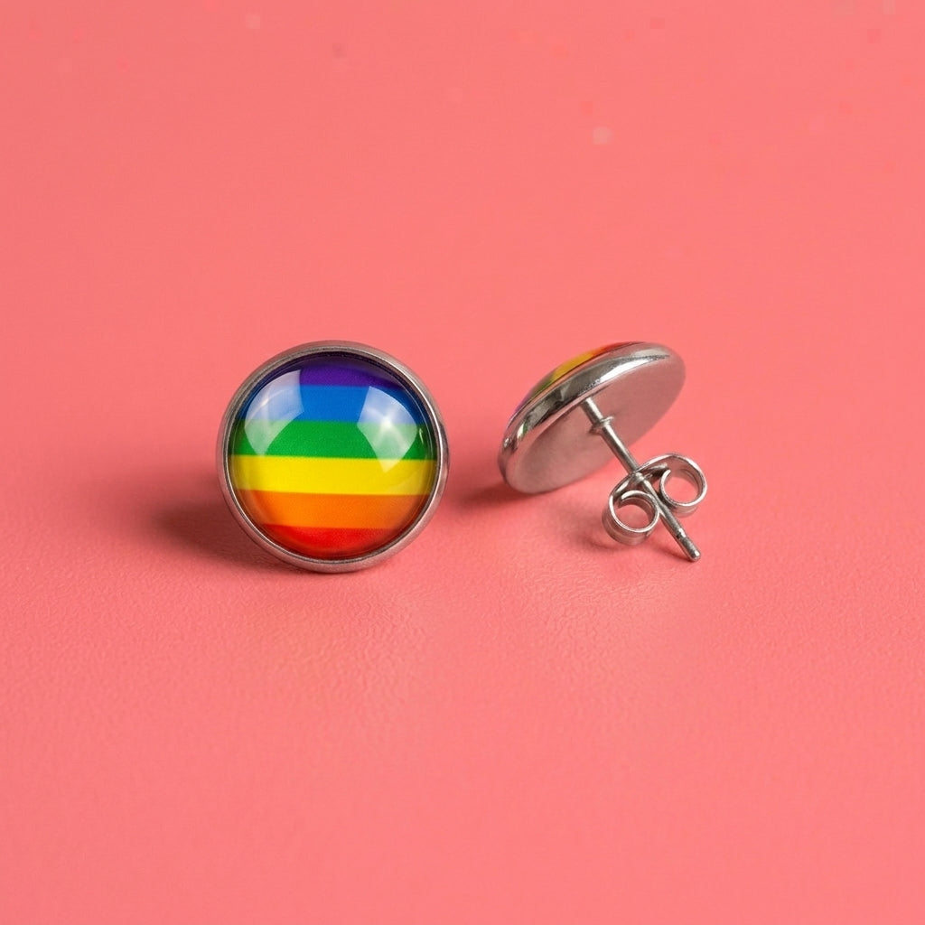 Rainbow Glass Dome Stud Earrings | Silver Rainbow Studs | 12mm