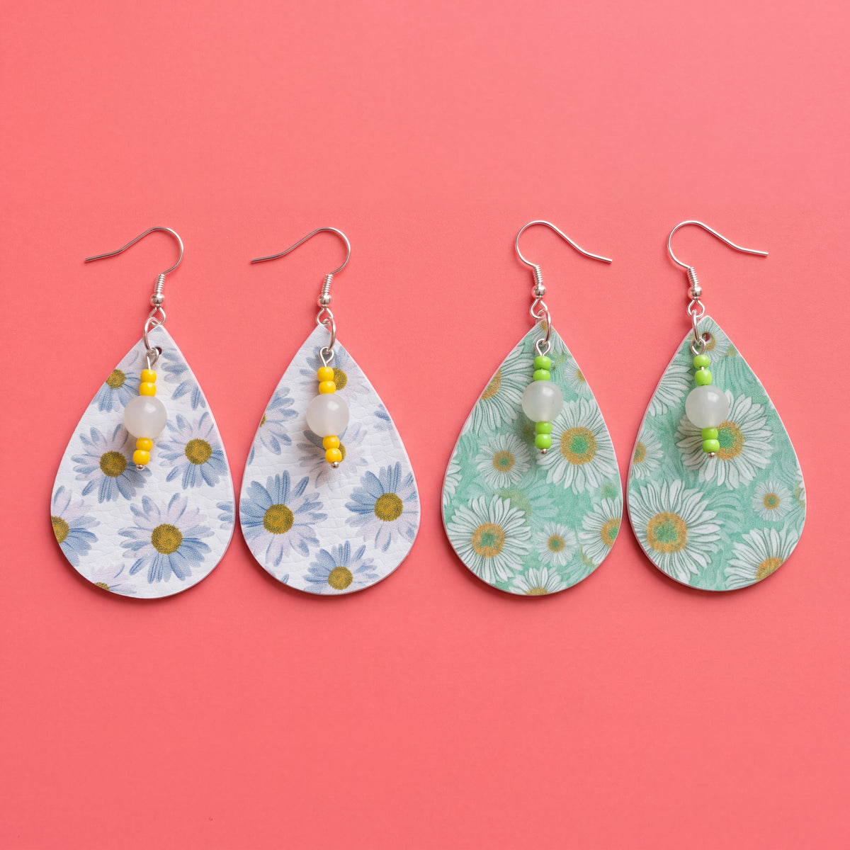 Sunflower Teardrop Earrings | Faux Leather Dangle Earrings | Silver