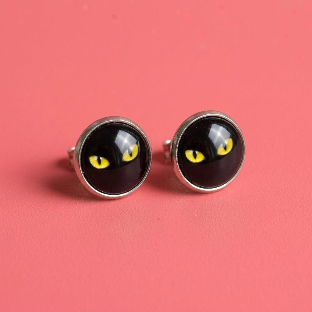 Black Cat Eye Stud Earrings | Halloween Glass Cabochon Studs | 12mm