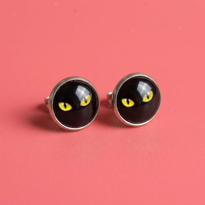 Black Cat Eye Stud Earrings | Halloween Glass Cabochon Studs | 12mm