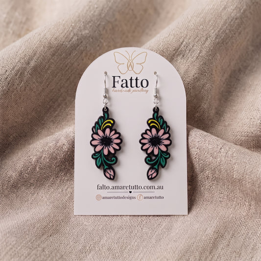 Pink Daisy Floral Dangle Earrings | Lightweight PLA Drop Earrings | 60mm