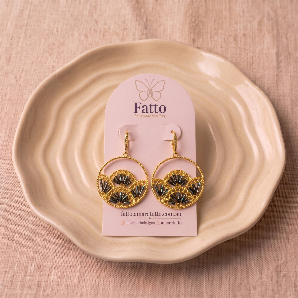 Woven Fan Drop Earrings | Black Seed Bead Statement Earrings