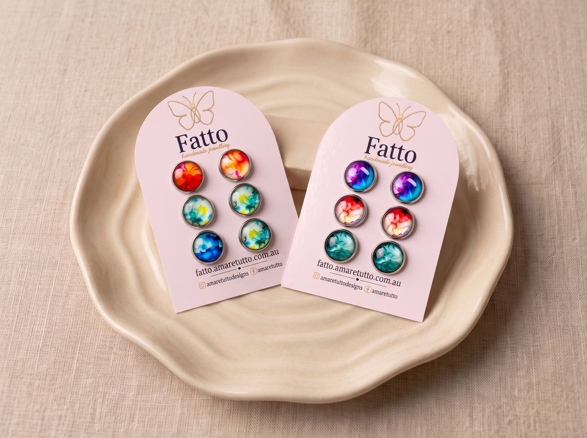 Watercolour Stud Earrings | Colourful Glass Dome Studs | 12mm