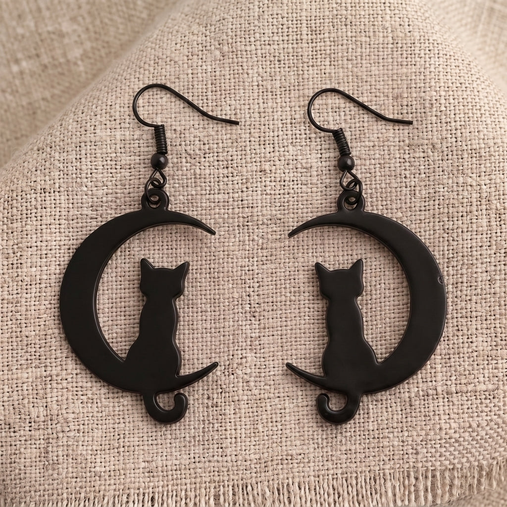 Cat on the Moon Dangle Earrings | Halloween Whimsical Drop Earrings