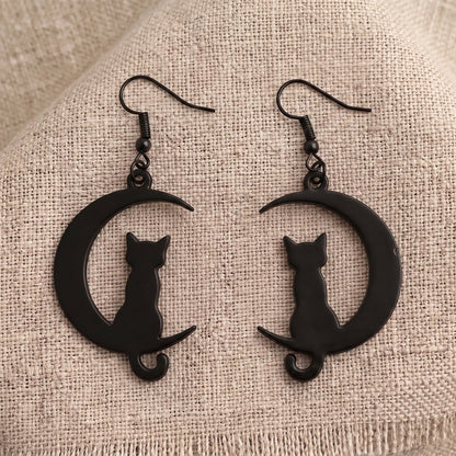 Cat on the Moon Dangle Earrings | Halloween Whimsical Drop Earrings