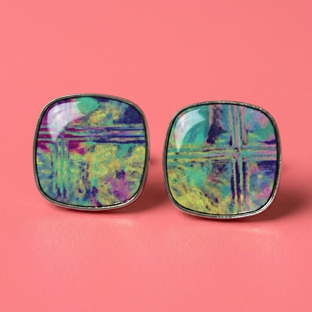 Colourful Printed Square Stud Earrings | Bold Statement Studs | 23mm