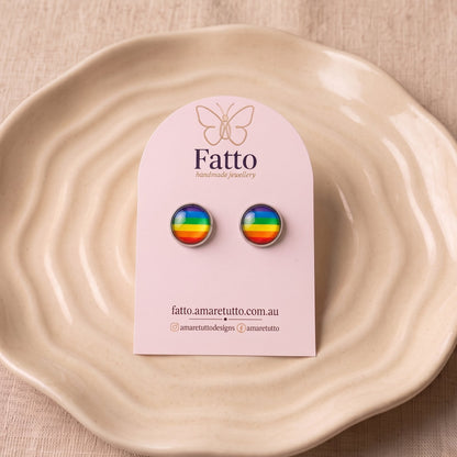 Rainbow Glass Dome Stud Earrings | Silver Rainbow Studs | 12mm