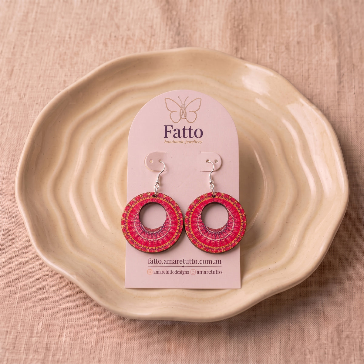 Boho Wooden Drop Earrings | Double-Sided Printed Round Dangles