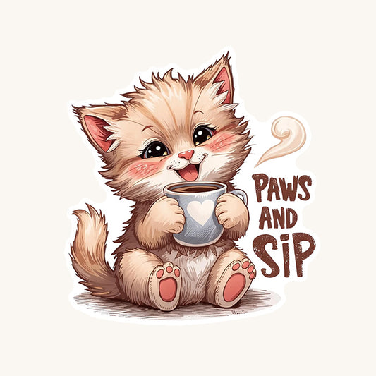 Paws and Sip Cat Coffee | Cozy Aesthetic | White Gloss Vinyl | Die-Cut Sticker